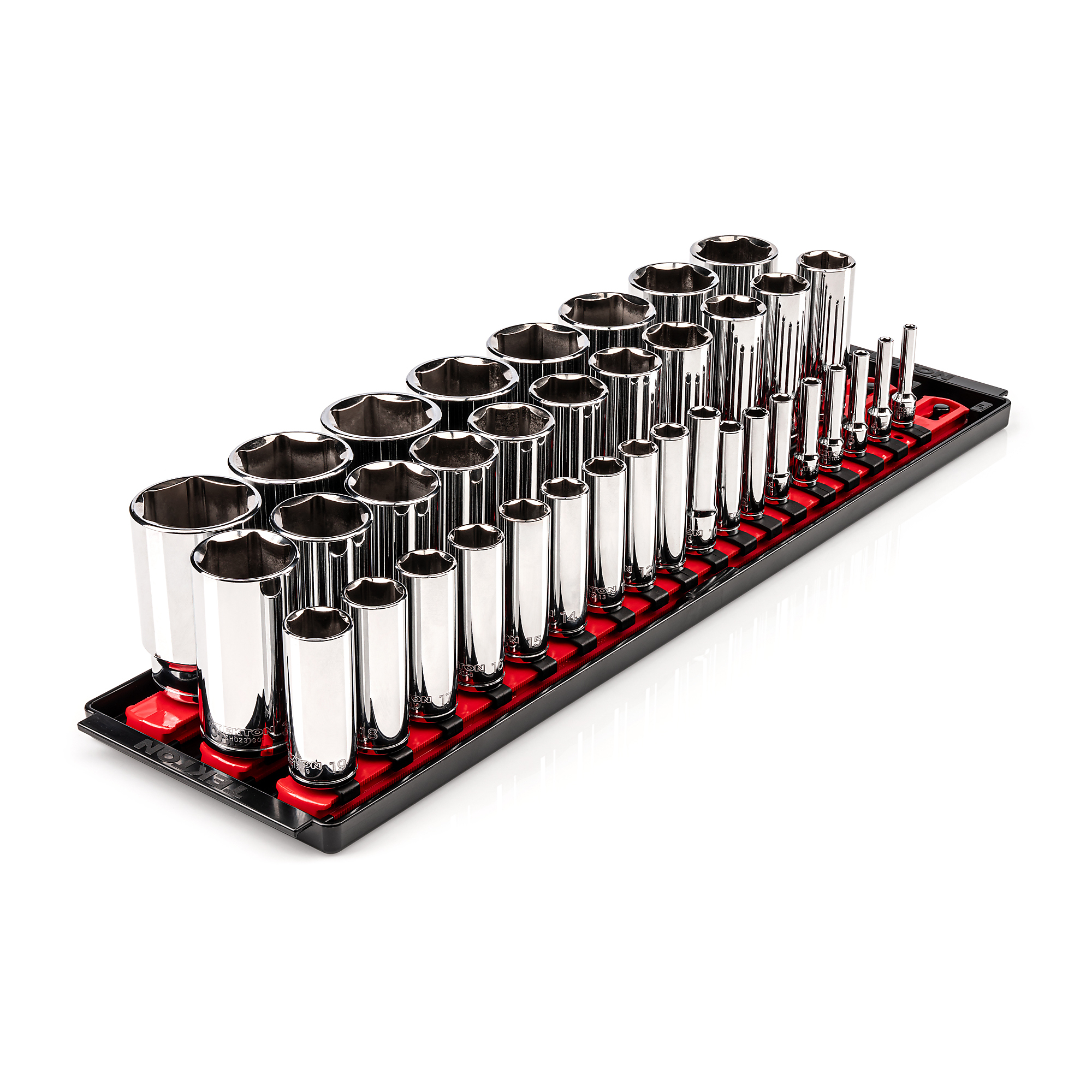 TEKTON 1/4, 3/8, 1/2 Inch Drive Deep 6-Point Socket Set with Rails, 37-Piece (4 - 38 mm) | SHD99207